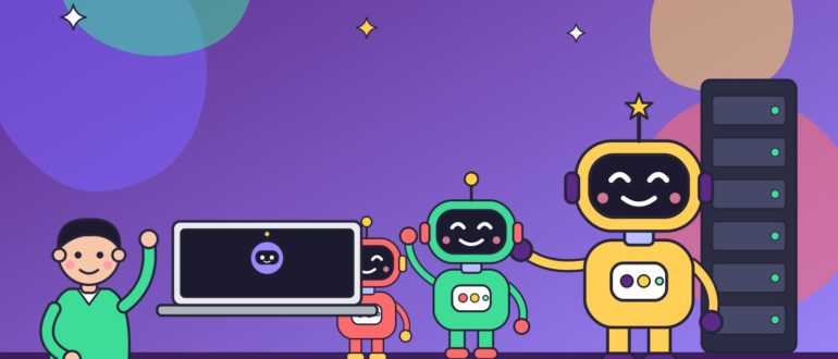 Парень за компьютером выбирает из четырёх роботов разного размера, самый маленький робот прыгает на ноутбук, а самый большой стоит у серверной стойки